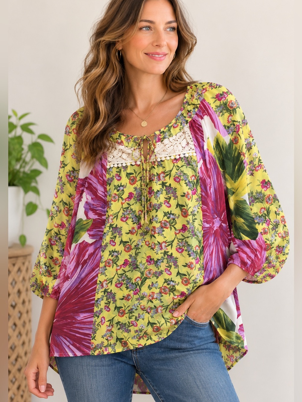 💋Olive Hill Sheer Floral Lace Top Blouse Medium